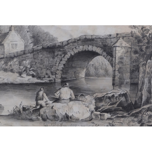 156 - Mid 18th century English school - River Scene with Bridge and Figures in the foreground - pencil ske... 