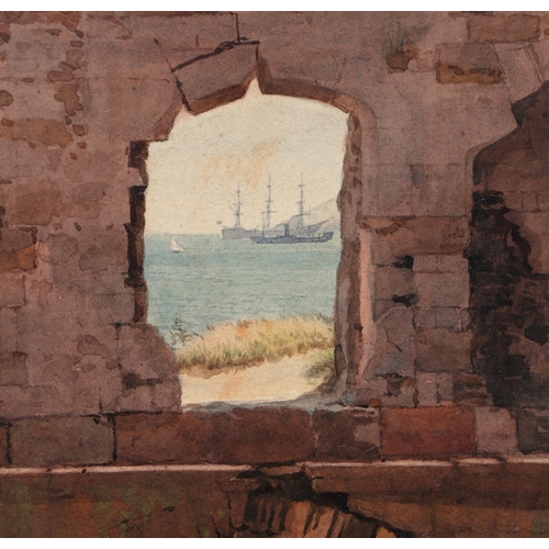 161 - 19th century British school - A Ruin with Window Giving a View of Tall Ships - oil on paper laid dow... 