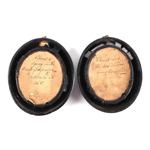 166 - A pair of oval reverse painted miniature religious scenes depicting Christ, with paper labels to ver... 