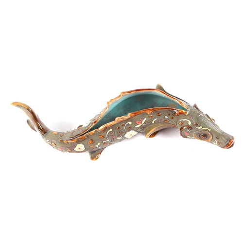 224 - A 19th century Wilhelm Schiller & Sohn majolica caviar serving dish in the form of a fish, 29cms lon... 