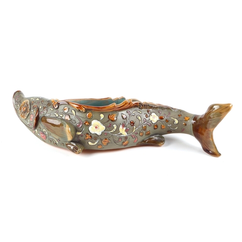 224 - A 19th century Wilhelm Schiller & Sohn majolica caviar serving dish in the form of a fish, 29cms lon... 