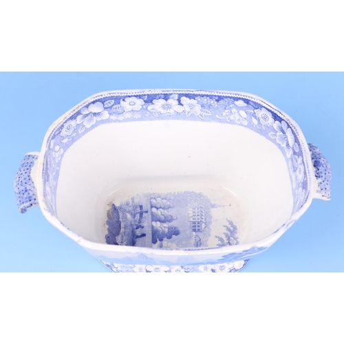 242 - A blue & white Wild Rose pattern tureen and cover on associated stand, 27cms wide.