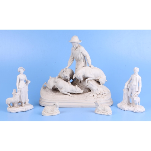 244 - A Copeland Parian figural group depicting terriers at a rabbit hole, 28cms high; together with a pai... 