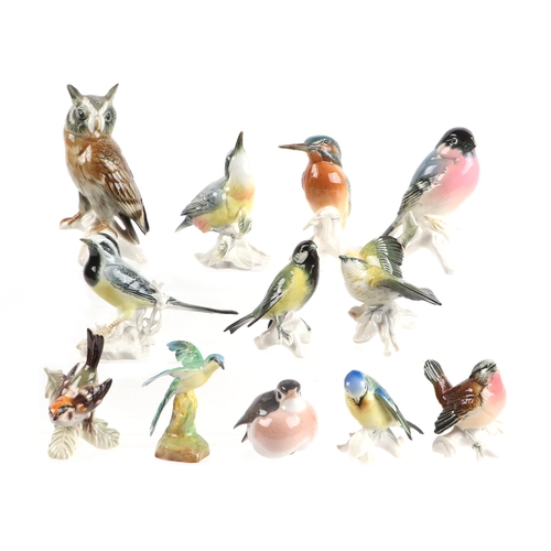 258 - A Karl Ens long eared owl, 17cms high; together with other ceramic models of birds  (12).