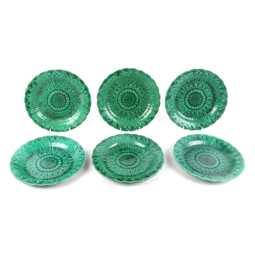 260 - A set of six Wedgwood green leaf majolica dishes; together with three similar dishes (9).