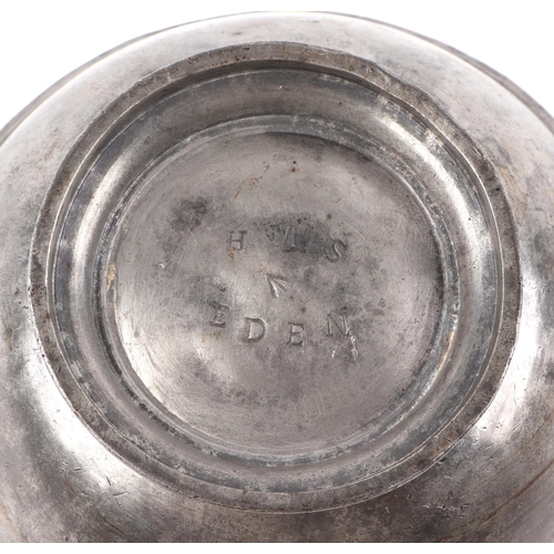 28 - A pewter footed bowl stamped HMS Eden with crowfoot to the underside. 13.5cm diameter