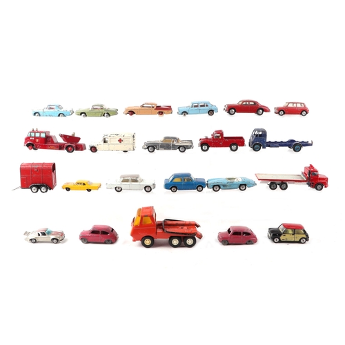 283 - A quantity of assorted vintage toys to include diecast cars by Dinky, Corgi and others, a compositio... 