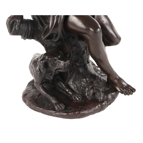 308 - After Coustou, a bronze group depicting Adonis seated on a log with a dog beside him, 38cm high.Cond... 