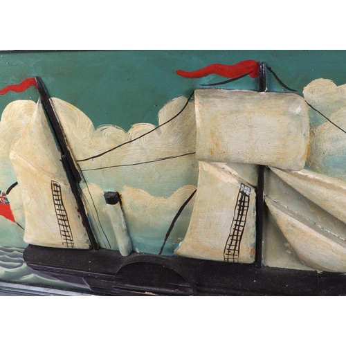 319 - A 3D painted wooden sign 'Ship's Stores' depicting a two-masted paddle steamer, 91cms wide.