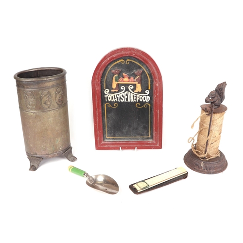 337 - An Edwardian mahogany pen & ink stand with two glass inkwells; together with a treen string dispense... 