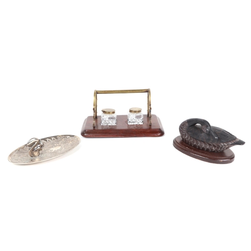 337 - An Edwardian mahogany pen & ink stand with two glass inkwells; together with a treen string dispense... 