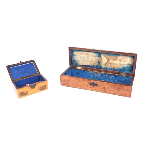 343 - A Victorian rosewood sewing box, 26cms wide; together with a similar smaller, 20cms wide; an oak pen... 