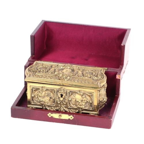 345 - A Victorian gilt brass casket commemorating Queen Victoria's Diamond Jubilee 1897, cast in high reli... 