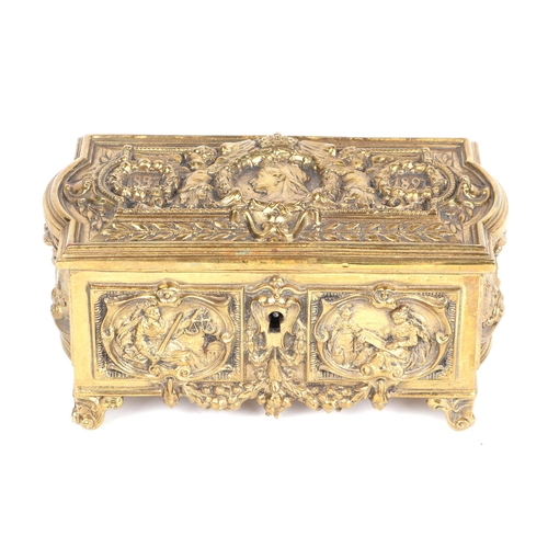 345 - A Victorian gilt brass casket commemorating Queen Victoria's Diamond Jubilee 1897, cast in high reli... 