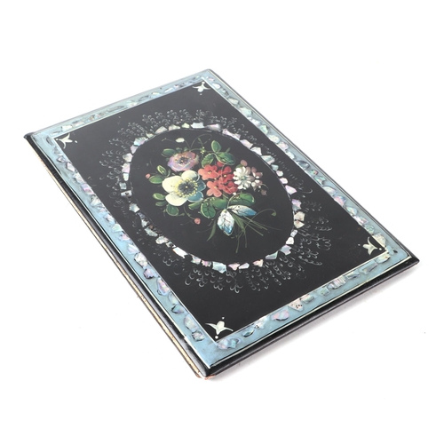 351 - A Victorian ladies black lacquer desk ink blotter with mother of pearl and painted floral decoration... 