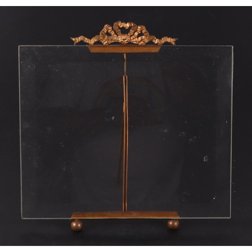 353 - A pair of glass and gilt metal strut photo / menu holders with rectangular bevelled glass backs on g... 