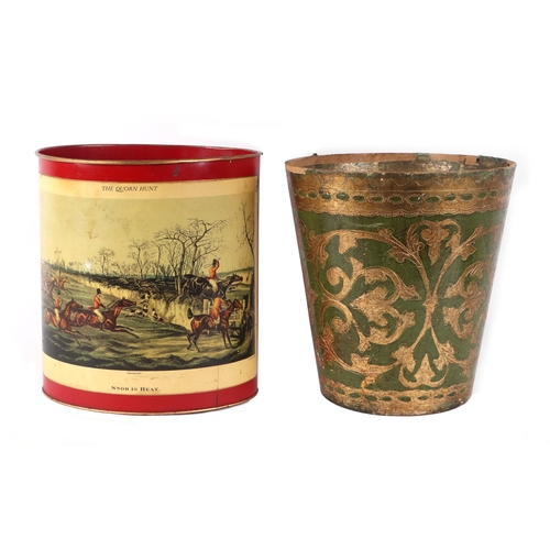 354 - A country house green lacquer waste paper bin with gilt decoration, 25cms diameter; together with an... 