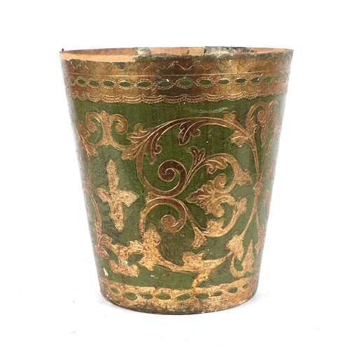 354 - A country house green lacquer waste paper bin with gilt decoration, 25cms diameter; together with an... 