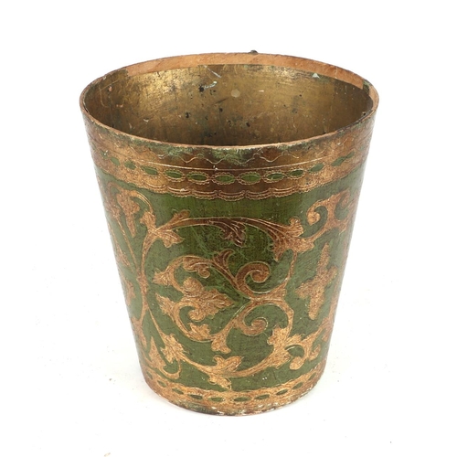 354 - A country house green lacquer waste paper bin with gilt decoration, 25cms diameter; together with an... 