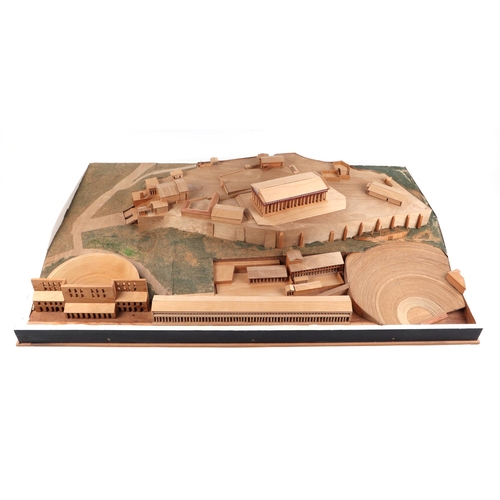 360 - A large architects scale wooden model depicting the Acropolis, mounted under a Perspex display case,... 