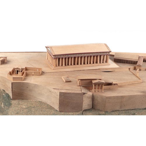 360 - A large architects scale wooden model depicting the Acropolis, mounted under a Perspex display case,... 