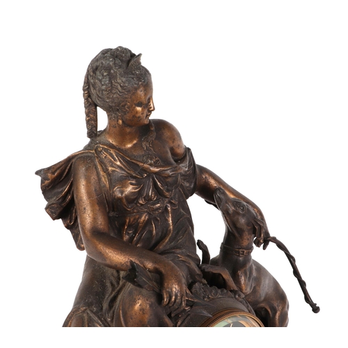 382 - A 19th century French gilt spelter figural mantle clock surmounted a figure of the Goddess Diana wit... 