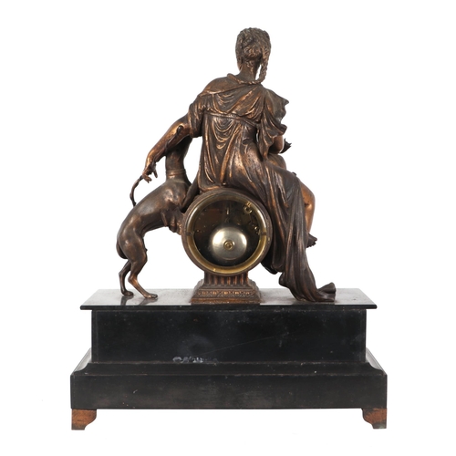 382 - A 19th century French gilt spelter figural mantle clock surmounted a figure of the Goddess Diana wit... 