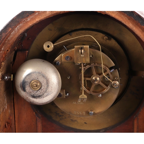 384 - An early 20th century mantle clock, the brushed brass dial with Arabic numerals and fitted with an 8... 