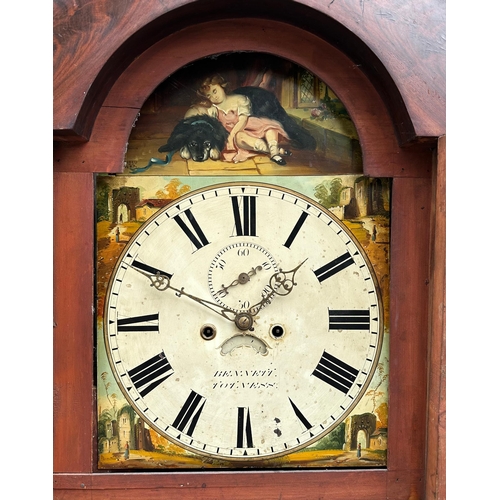 385 - A Victorian longcase clock with a 36cms painted square arched dial, the arch decorated with an image... 