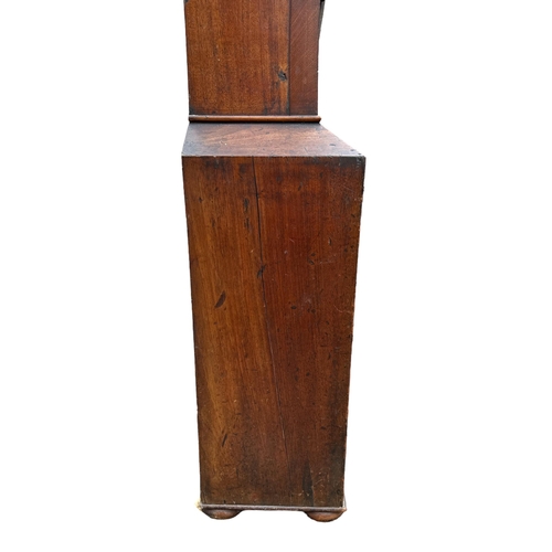 385 - A Victorian longcase clock with a 36cms painted square arched dial, the arch decorated with an image... 