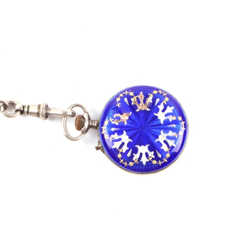 392 - A silver and enamel open faced fob watch, the white enamel dial with Roman numerals, on a silver Alb... 