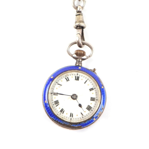 392 - A silver and enamel open faced fob watch, the white enamel dial with Roman numerals, on a silver Alb... 