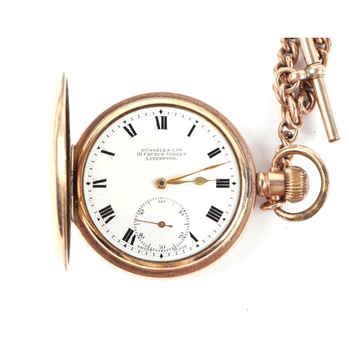 397 - A gold plated full hunter pocket watch, the white enamel dial with Roman numerals and subsidiary sec... 