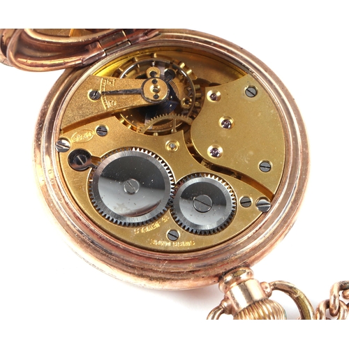 397 - A gold plated full hunter pocket watch, the white enamel dial with Roman numerals and subsidiary sec... 