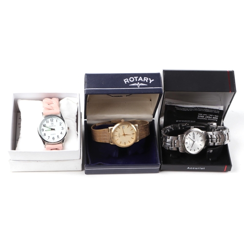 398 - A group of six boxed gentlemen's and ladies fashion watches to include Accurist, Rotary and Limit.