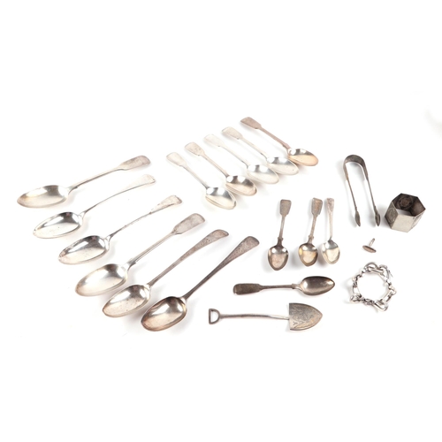 406 - A mixed group of silver teaspoons, dessert spoons and sugar tong, various dates and makers marks; to... 