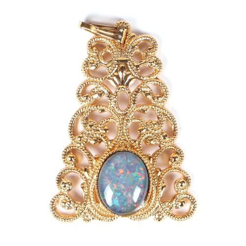 435 - A yellow coloured metal mounted pendant set with an opal doublet; together with a similar brooch (2)... 