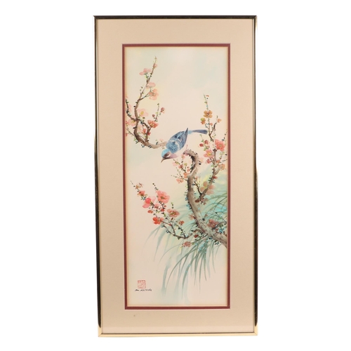 516 - S Chang (Chinese School) - Bird Perched on Flowering Prunus - signed lower left with red seal mark, ... 