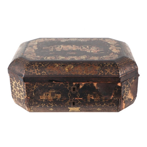 533 - A Chinese black lacquer box with gilt decoration depicting wise men within a landscape, 28cms wide; ... 