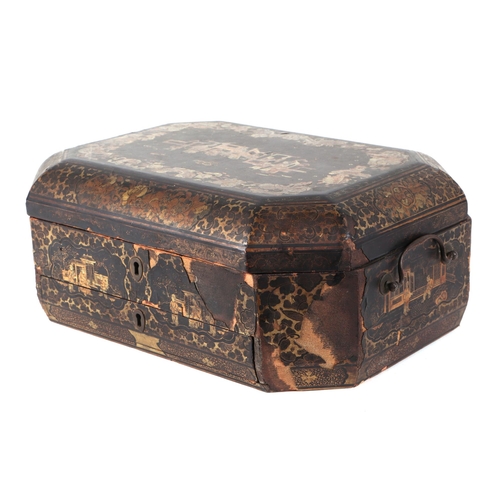 533 - A Chinese black lacquer box with gilt decoration depicting wise men within a landscape, 28cms wide; ... 