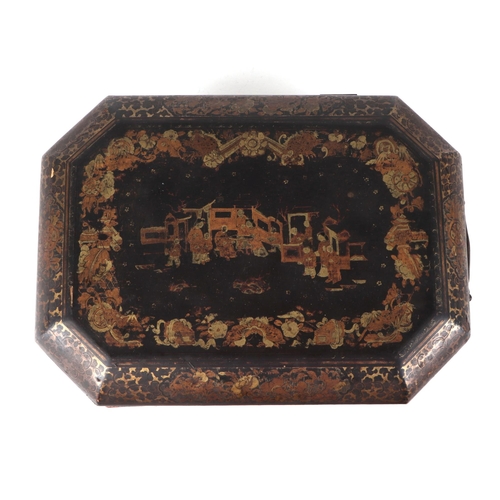 533 - A Chinese black lacquer box with gilt decoration depicting wise men within a landscape, 28cms wide; ... 