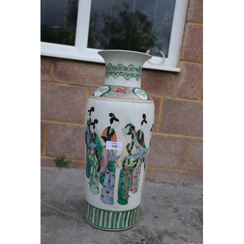 538 - A large pair of Chinese famille vert vases decorated with figures, six character blue mark to the un... 