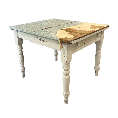 579 - A Victorian painted pine farmhouse table with single frieze drawer and baluster turned legs, 96cms w... 