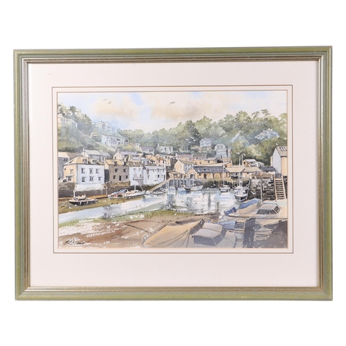 70 - E L Evans (modern British) - Polperro Harbour - mixed media, signed lower left, information label to... 