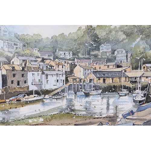 70 - E L Evans (modern British) - Polperro Harbour - mixed media, signed lower left, information label to... 