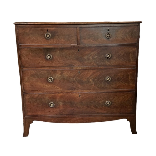 729 - A 19th century mahogany chest of two short and three long drawers, on splay bracket feet, 110cms wid... 