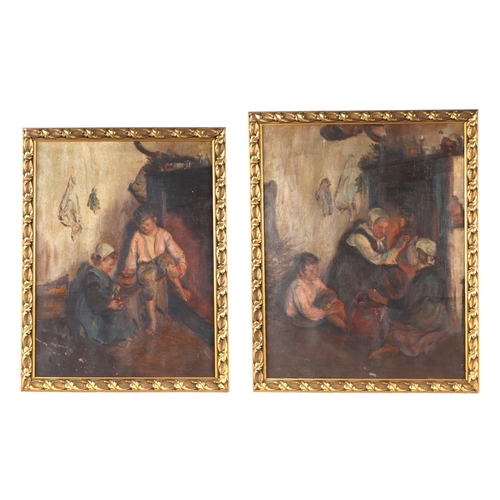 73 - 19th century continental school - a matched pair of cottage interior scenes with seated figures, oil... 