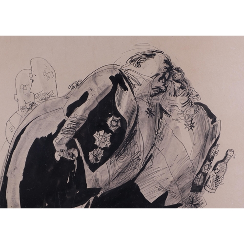 77 - Feliks Topolski (1907-1989)  - a whimsical cartoon depicting two continental ambassadors drinking, p... 