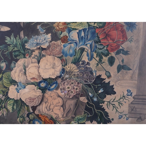 83 - A 19th century coloured print in the Dutch taste depicting a still life of flowers in a Neoclassical... 