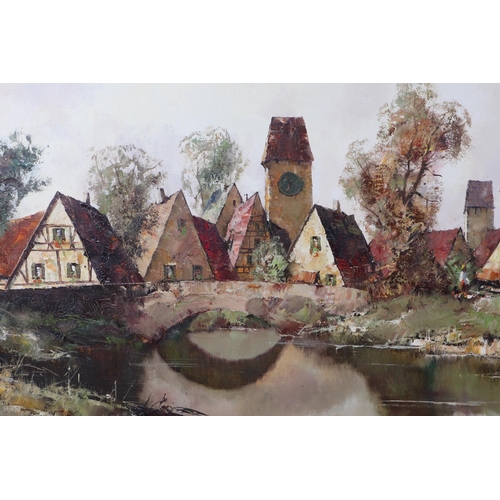 91 - L Schmidt (continental school) - River Landscape Scene - signed lower right, oil on canvas, framed, ... 